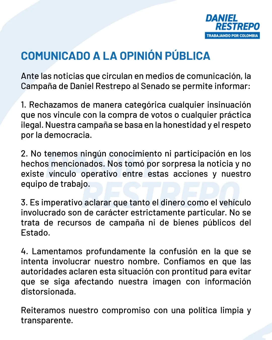 Daniel Restrepo niega vínculos con camioneta incautada y rechaza compra de votos 1 Comunicado Daniel Restrepo